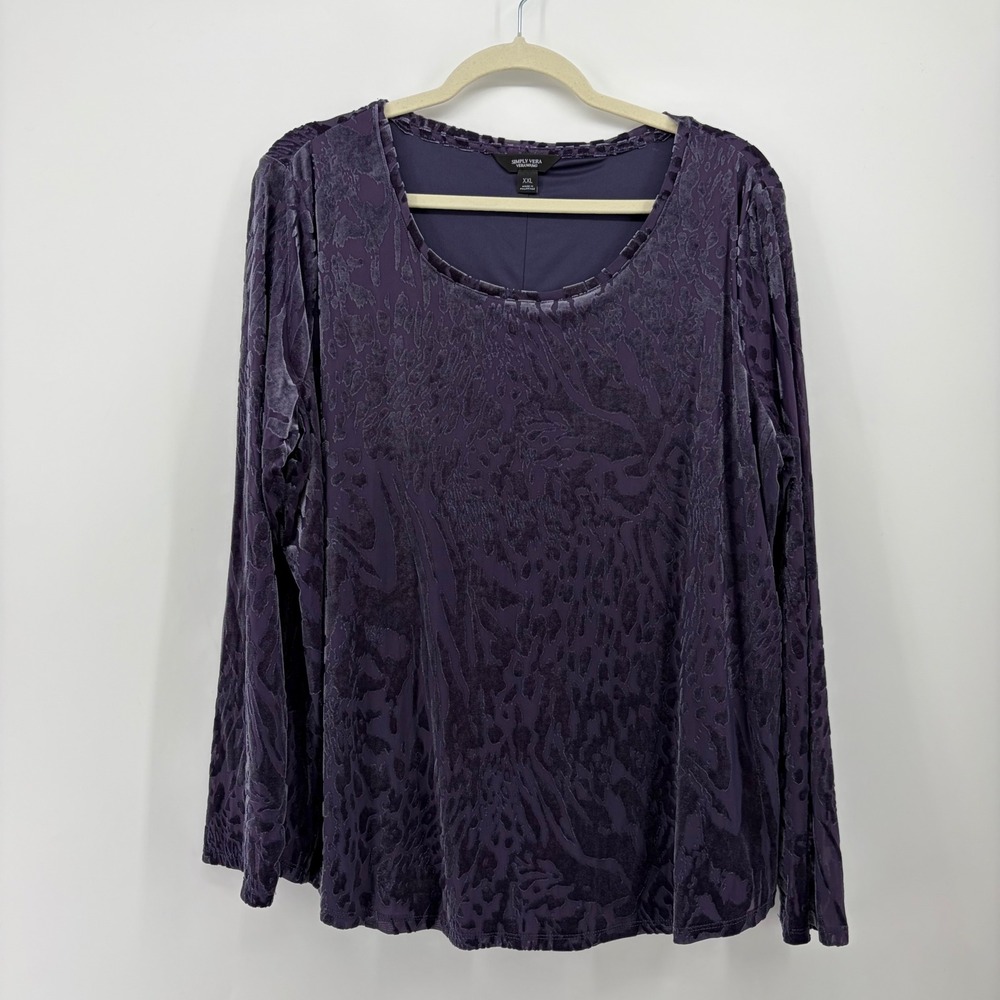 Simply Vera Womens XXL Purple Velvet Top Burnout Animal Print Long Sleeve Scoop